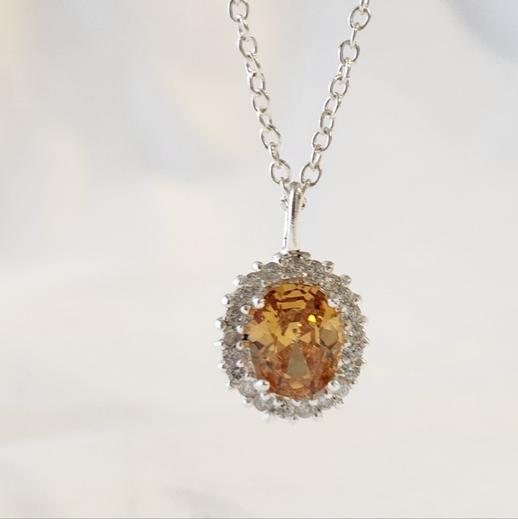 Orfevrerie Wiskemann Sterling 925 Citrine Colored CZ Zirconia Halo Necklace 18" - Picture 3 of 9